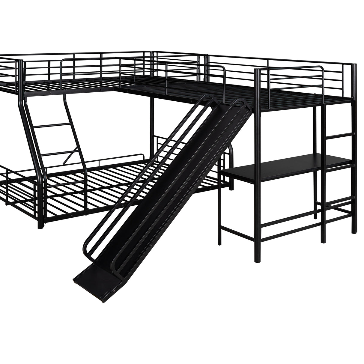 L-Shaped Twin over Full Bunk Bed with Twin Size Loft Bed,Built-in Desk and Slide,Black - Home Elegance USA