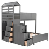 Stairway Twin Over Full Bunk Bed, House Bed with Two Shelves and Seven Drawers,Gray - Home Elegance USA