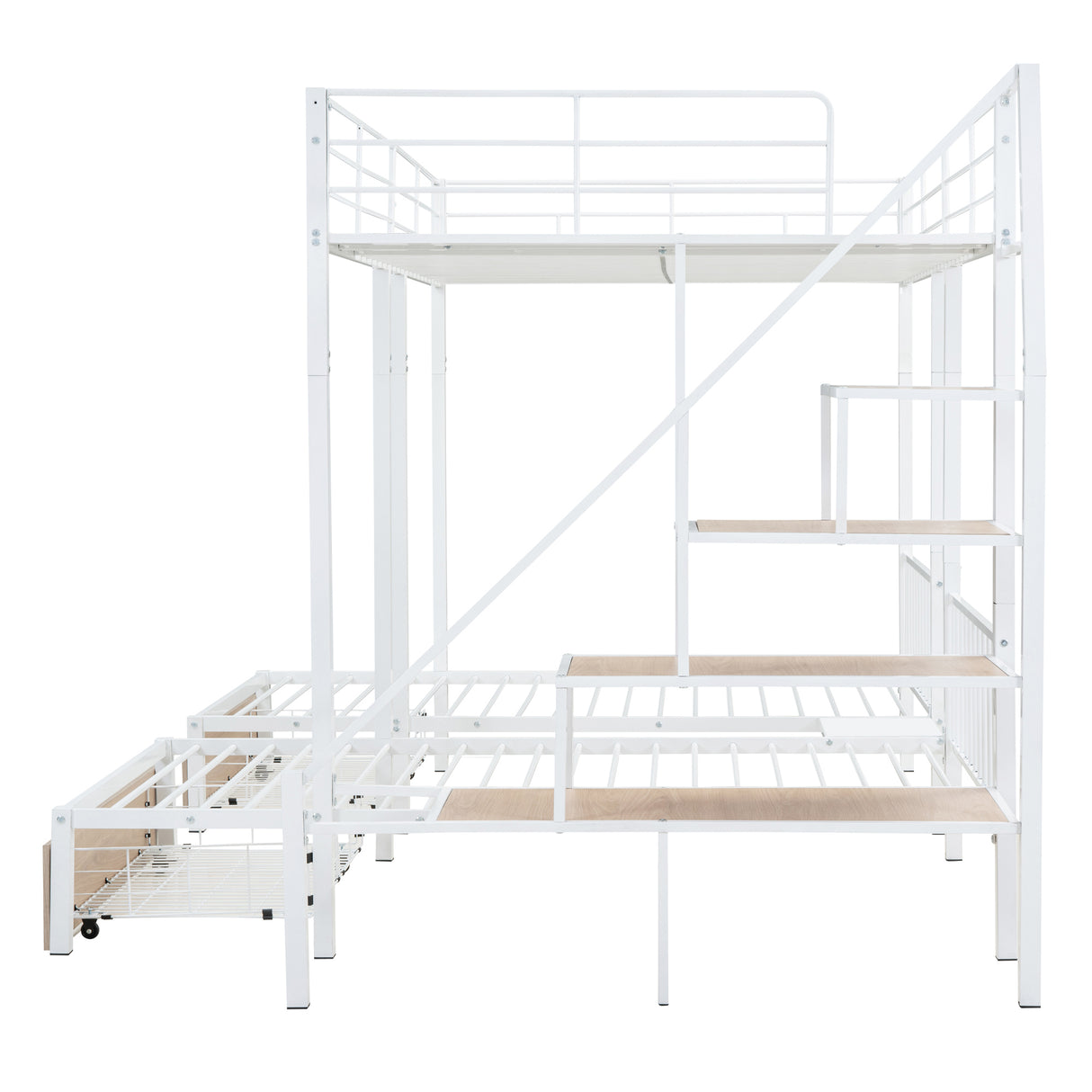Full over Twin-Twin Triple bunk bed with drawers and staircase, White
