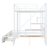 Full over Twin-Twin Triple bunk bed with drawers and staircase, White