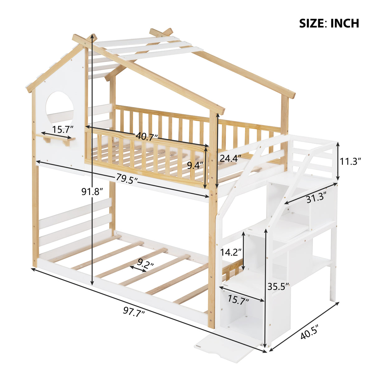 Stairway Twin-Over-Twin Bunk Bed,House Bed,Storage and Guard Rail,Natural Bed +White Stair - Home Elegance USA