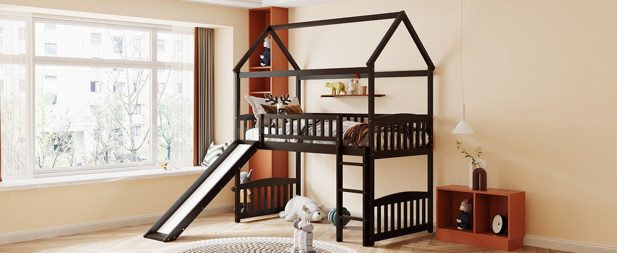 Twin Loft Bed with Slide, House Bed with Slide,Espresso(OLD SKU :LT000212AAP) - Home Elegance USA