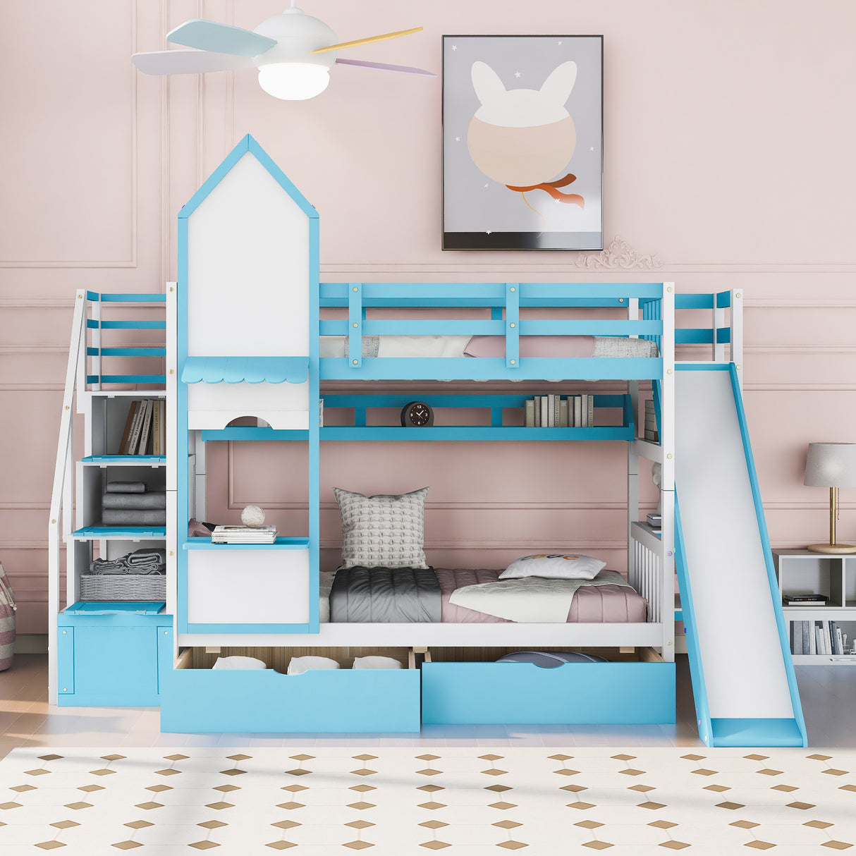 Twin-Over-Twin Castle Style Bunk Bed with 2 Drawers 3 Shelves and Slide - Blue