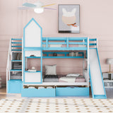 Twin-Over-Twin Castle Style Bunk Bed with 2 Drawers 3 Shelves and Slide - Blue