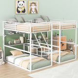 Double Twin over Twin Metal Bunk Bed with Desk, Shelves and Storage Staircase, White - Home Elegance USA