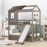 Twin Over Twin Bunk Bed with Two Storage Drawers and Slide, House-Shaped Wood Bunk Bed, Antique Gray (OLD SKU:LP000089AAE) - Home Elegance USA