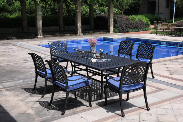 Rectangular 6 - Person 86" Long Aluminum Dining Set with Navy Blue Cushions