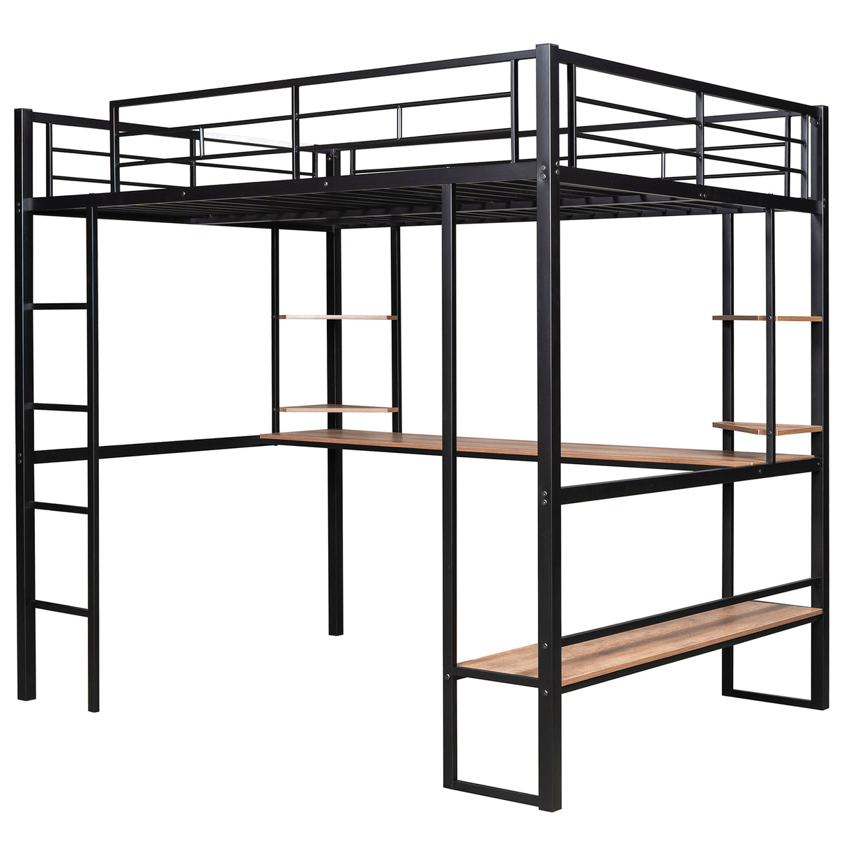 Full Size Loft Metal&MDF Bed with Long Desk and Shelves,Black - Home Elegance USA