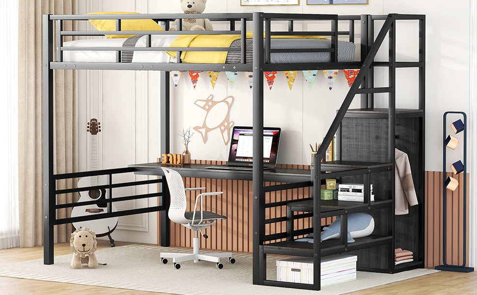 Full Size Metal Loft Bed with Desk, Storage Staircase and Small Wardrobe, Storage stairs can be installed left and right,Black - Home Elegance USA