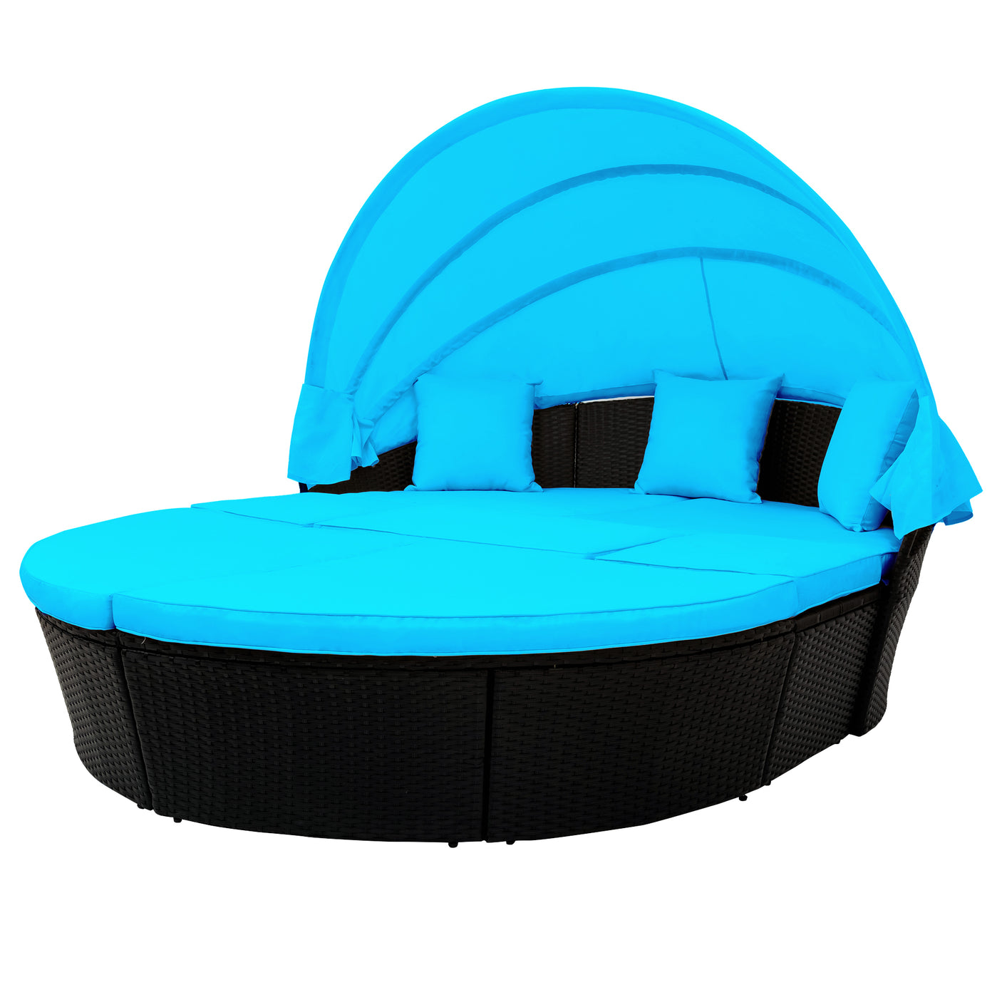 Outdoor rattan daybed sunbed with Retractable Canopy Wicker Furniture, Round Outdoor Sectional Sofa Set, black Wicker Furniture Clamshell  Seating with Washable Cushions, Backyard, Porch, Blue.