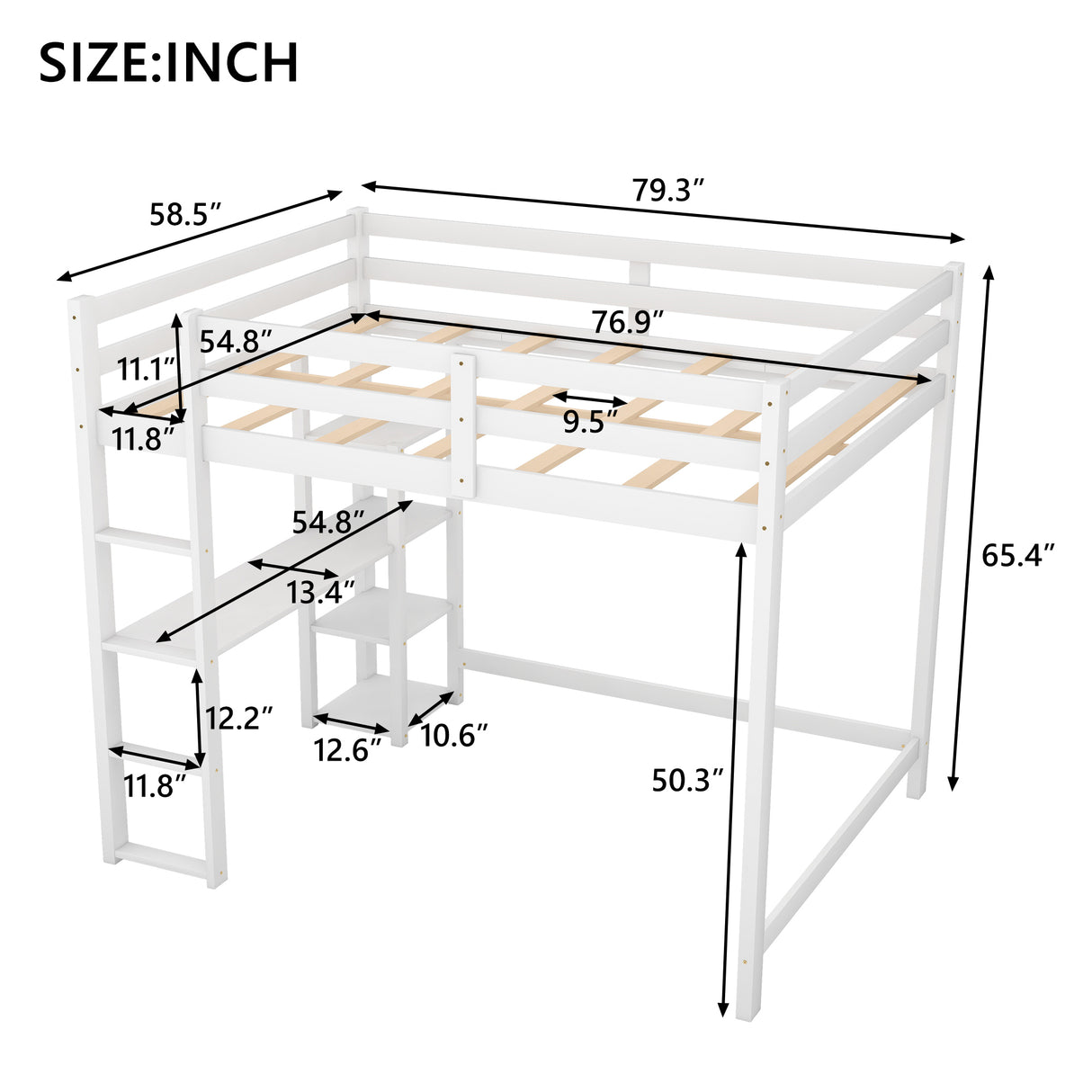 Full Size Loft Bed with Built-in Desk and Shelves,White - Home Elegance USA