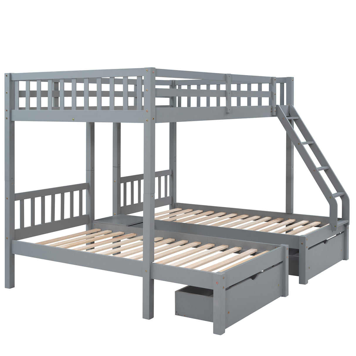 Full Over Twin & Twin Bunk Bed, Wood Triple Bunk Bed with Drawers and Guardrails, Gray (OLD SKU: LP000143AAE) - Home Elegance USA
