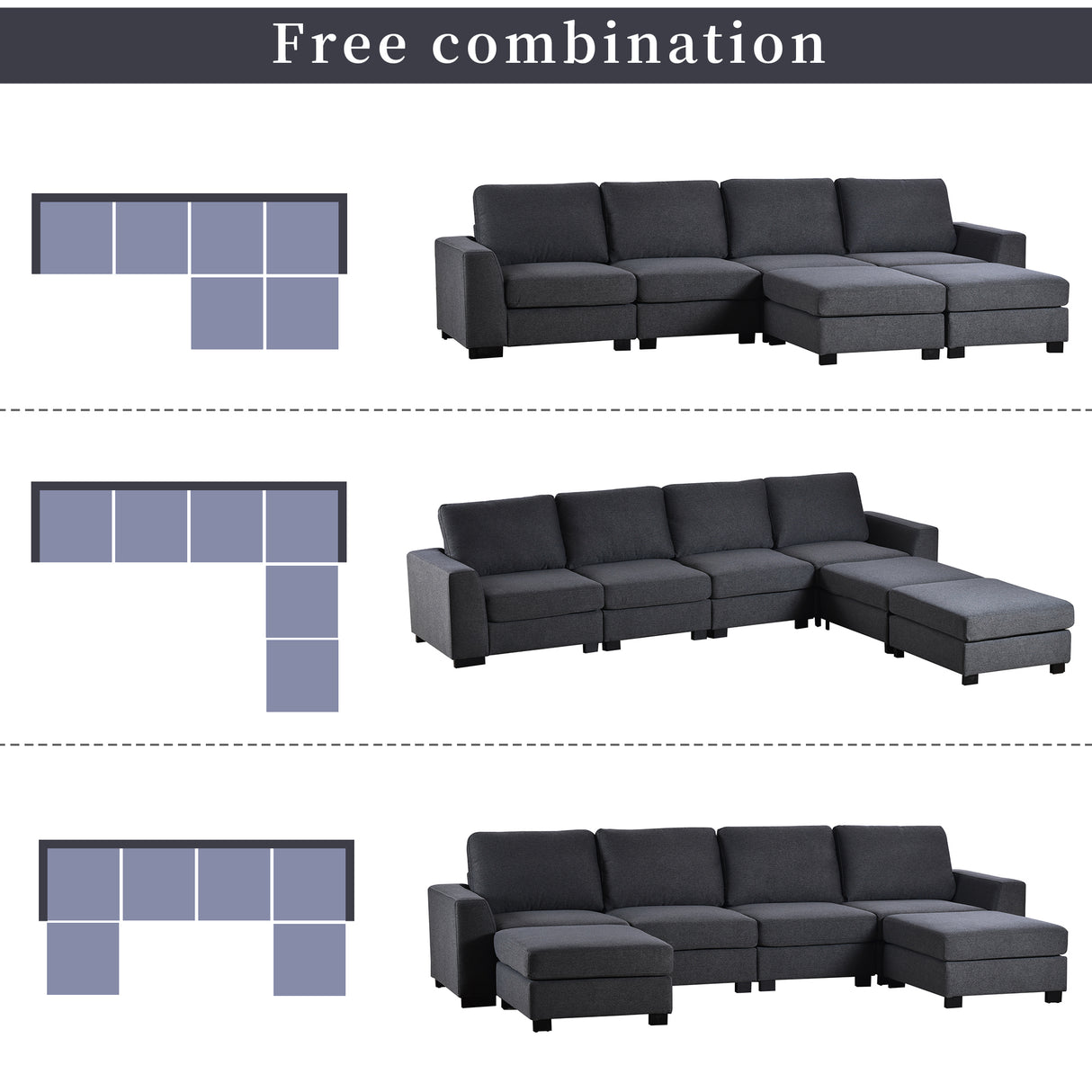 3 Pieces U shaped Sofa with Removable Ottomans | Home Elegance USA