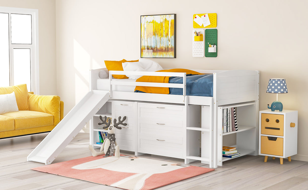 Low Twin Size Loft Bed with Cabinets, Shelves and Slide - White(OLD SKU :LP000503AAK)