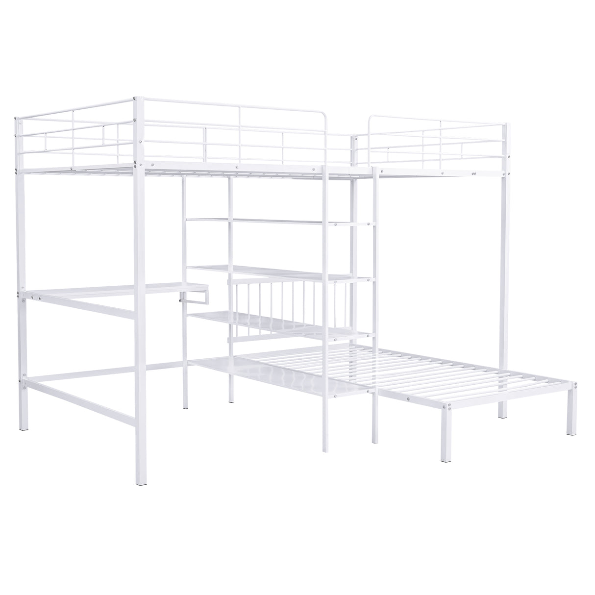 Full Over Twin Metal Bunk Bed with Built-in Desk, Shelves and Ladder, White