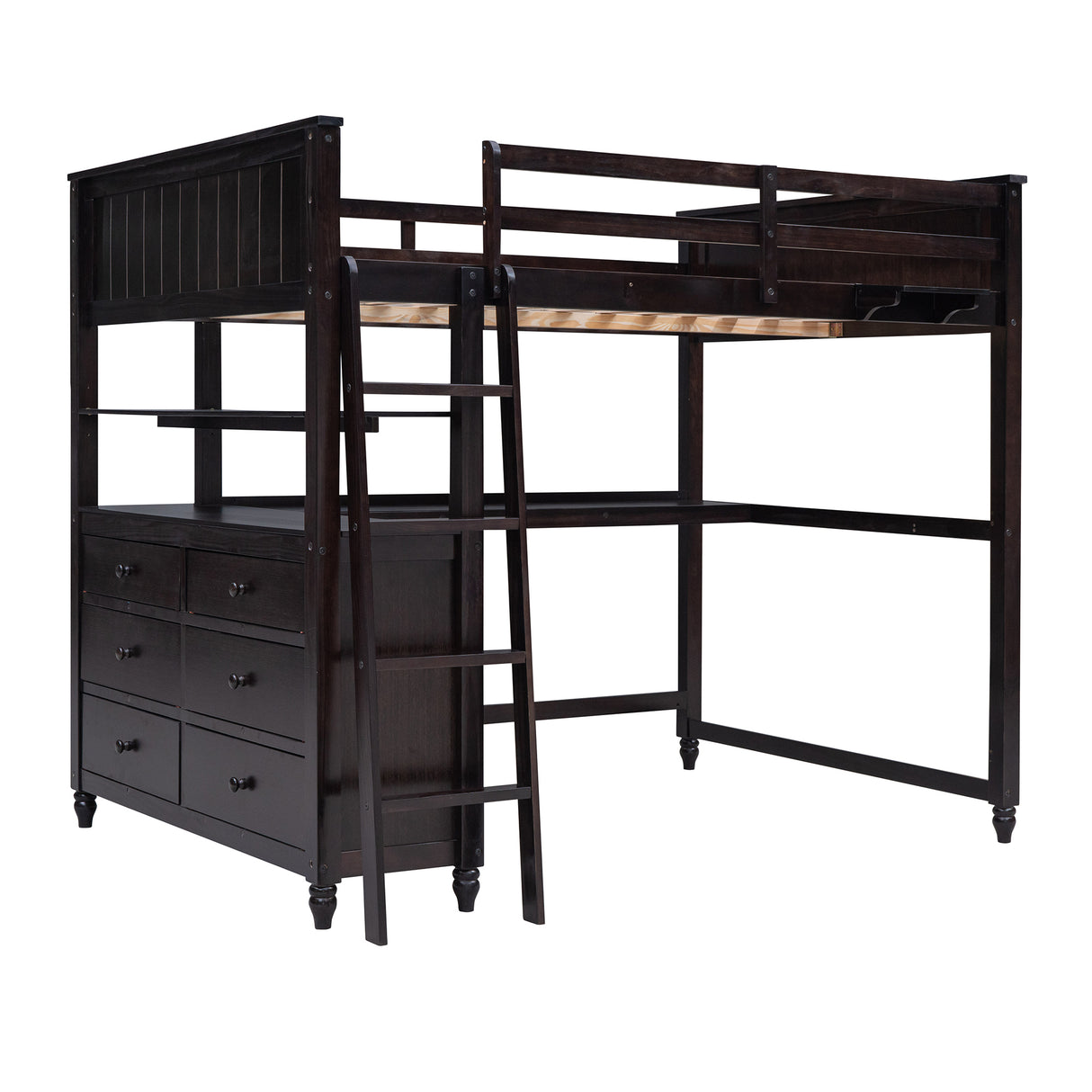 Full size Loft Bed with Drawers and Desk, Wooden Loft Bed with Shelves - Espresso(OLD SKU:LT000529AAP) Home Elegance USA