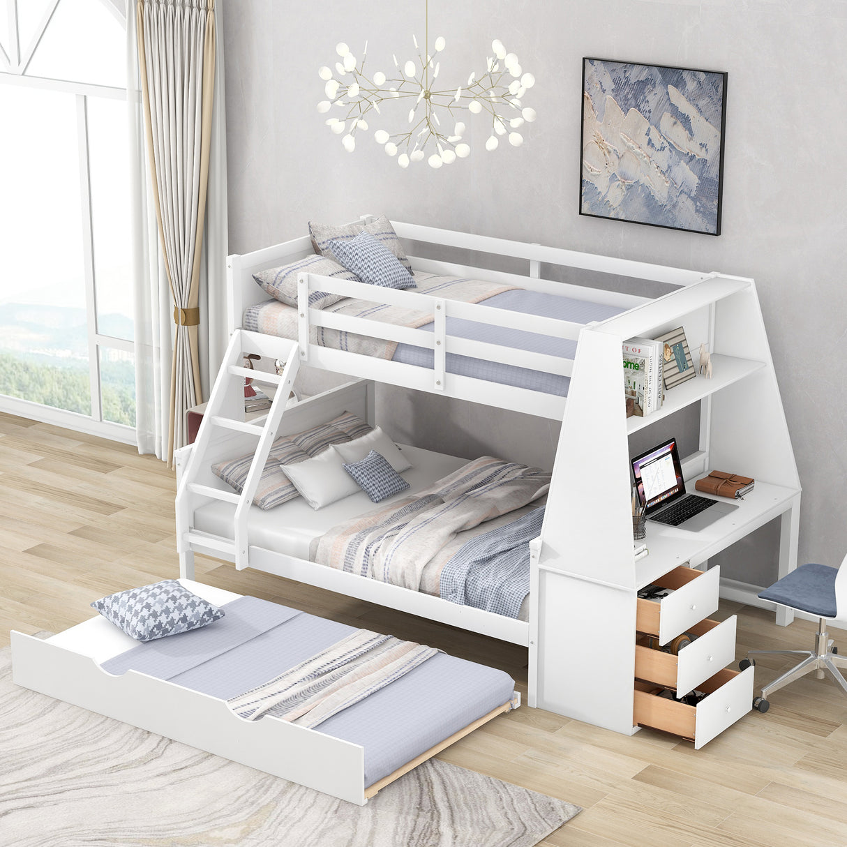 Twin over Full Bunk Bed with Trundle and Built-in Desk, Three Storage Drawers and Shelf,White - Home Elegance USA