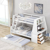 Twin over Full Bunk Bed with Trundle and Built-in Desk, Three Storage Drawers and Shelf,White - Home Elegance USA