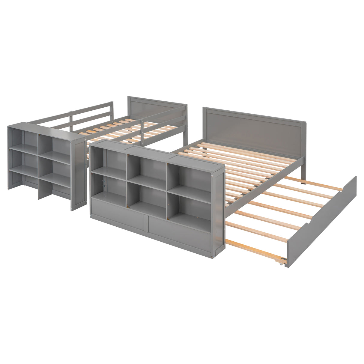 Twin over Full Bunk Bed with Trundle and Shelves, can be Separated into Three Separate Platform Beds, Gray - Home Elegance USA