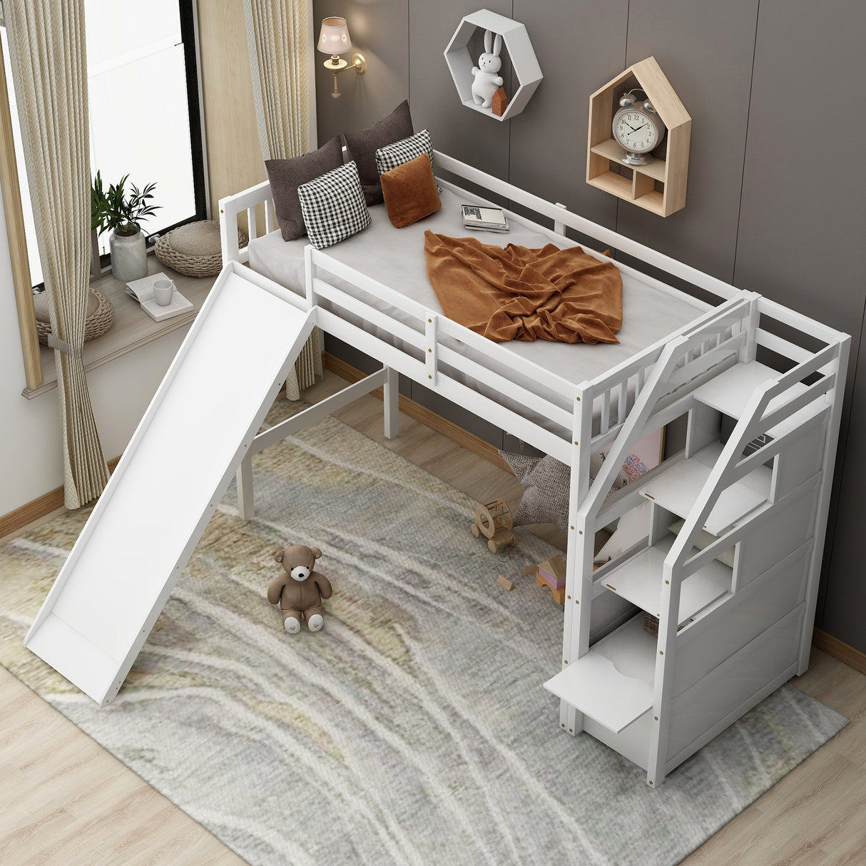 Twin Size Loft Bed with Storage and Slide, White - Home Elegance USA