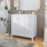 36 Inch Modern Bathroom Vanity with USB Charging, Two Doors and Three Drawers Bathroom Storage Vanity Cabinet, Small Bathroom Vanity cabinet with single sink , White & Gray Blue - Faucets Not Included