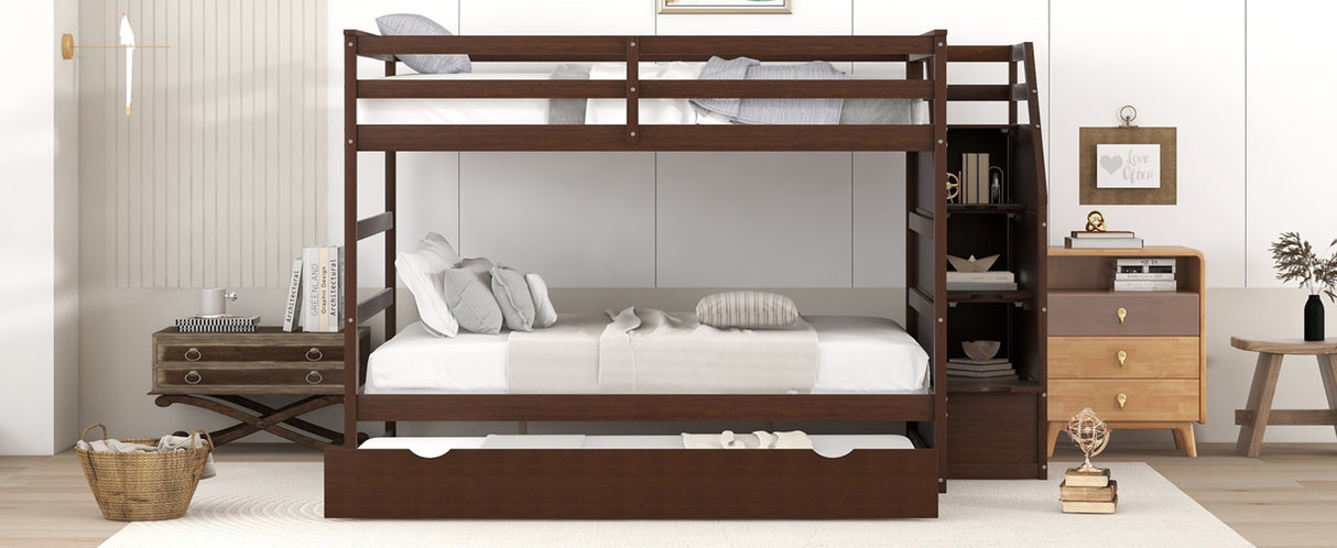 Full-over-Full Bunk Bed with Twin Size Trundle and 3 Storage Stairs,Espresso - Home Elegance USA