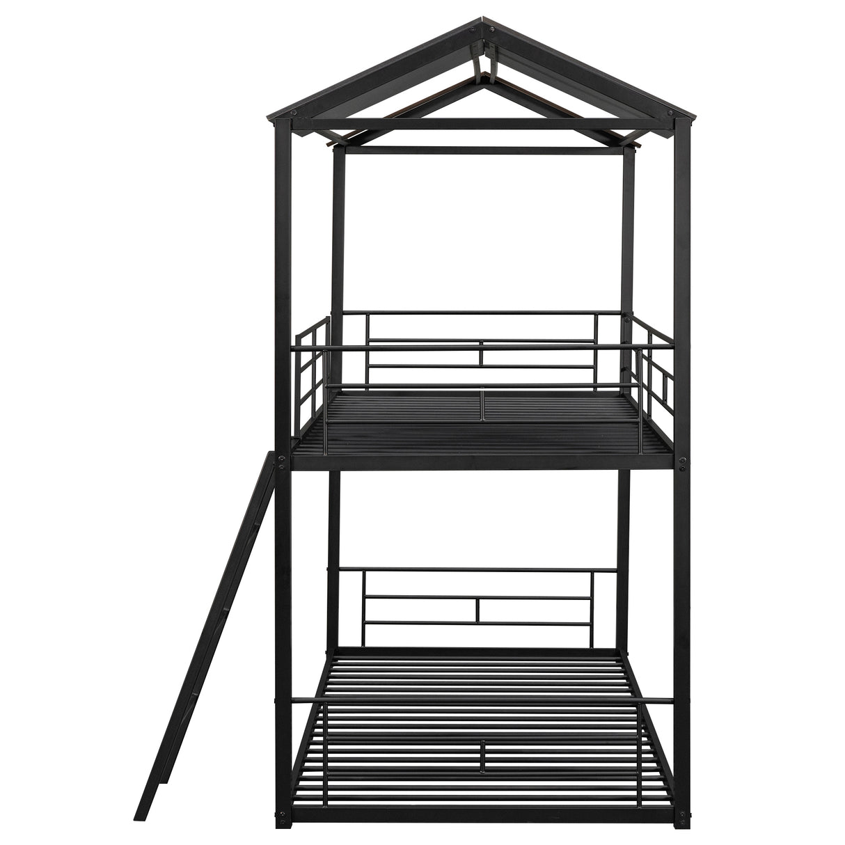 Twin Over Twin Bunk Bed Metal Bed with Half Roof, Guardrail and Ladder Black - Home Elegance USA