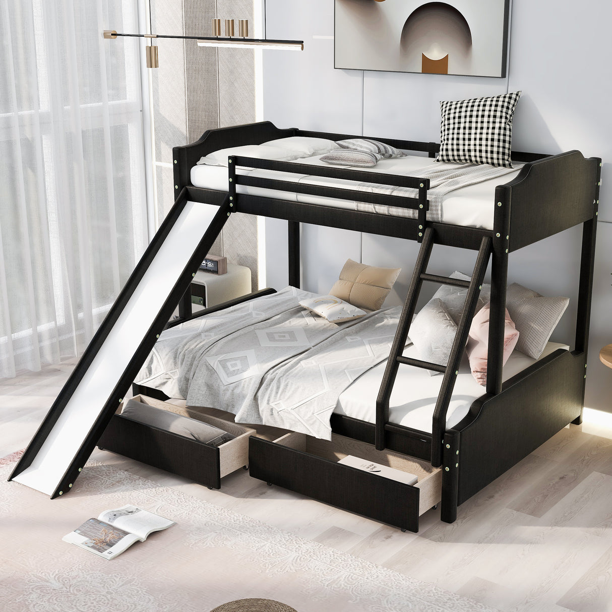 Twin over Full Size Upholstery Bunk Bed with Two Drawers and Slide,Convertible Slide and Ladder, Headboard and Footboard,Black - Home Elegance USA