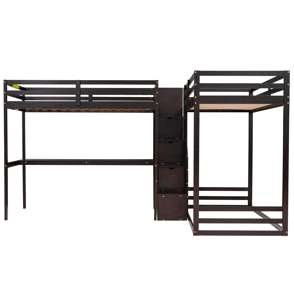 L-Shaped Twin Size Bunk Bed and Loft Bed with Built-in Middle Staircase and Desk,Espresso - Home Elegance USA