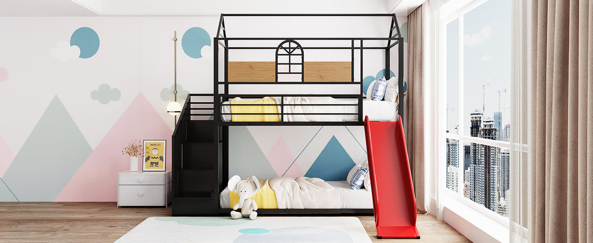 Twin Over Twin Metal Bunk Bed ,Metal Housebed with Slide and Storage Stair,Black with Red Slide(OLD SKU:LP000195AAJ) - Home Elegance USA