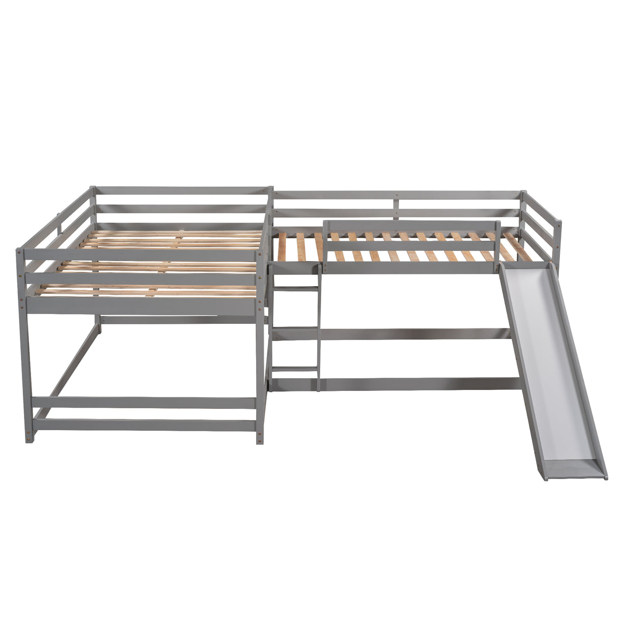 Full and Twin Size L-Shaped Bunk Bed with Slide and Short Ladder,Gray - Home Elegance USA