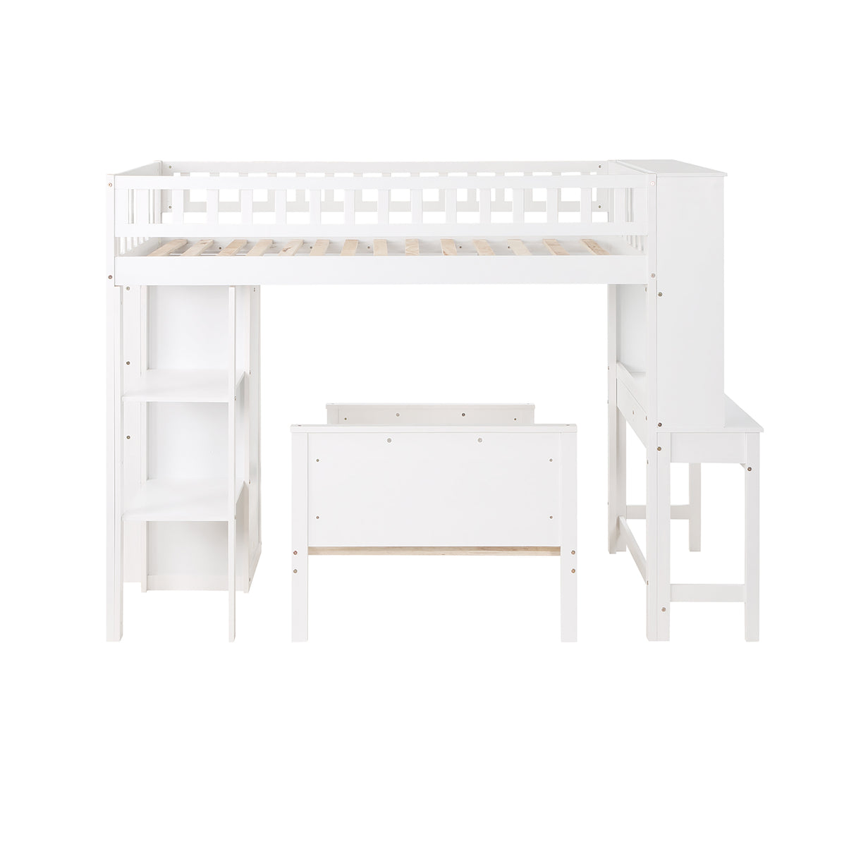 Twin Size Loft Bed with Closet and Desk, Extra Bottom Twin Bed, White - Home Elegance USA