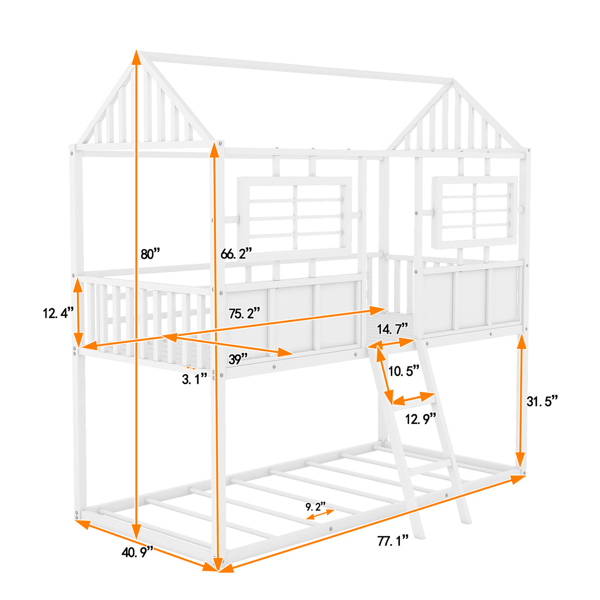 Twin over Twin Size Metal Low Bunk Beds with Roof and Fence-shaped Guardrail, White - Home Elegance USA