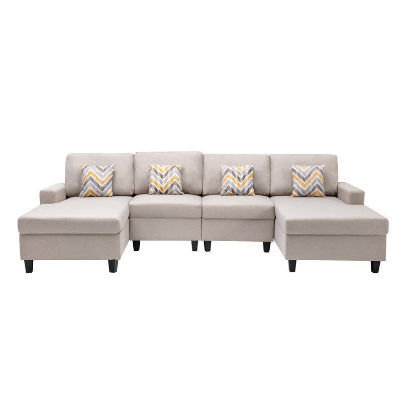 Nolan Beige Linen Fabric 4Pc Double Chaise Sectional Sofa with Pillows and Interchangeable Legs - Home Elegance USA