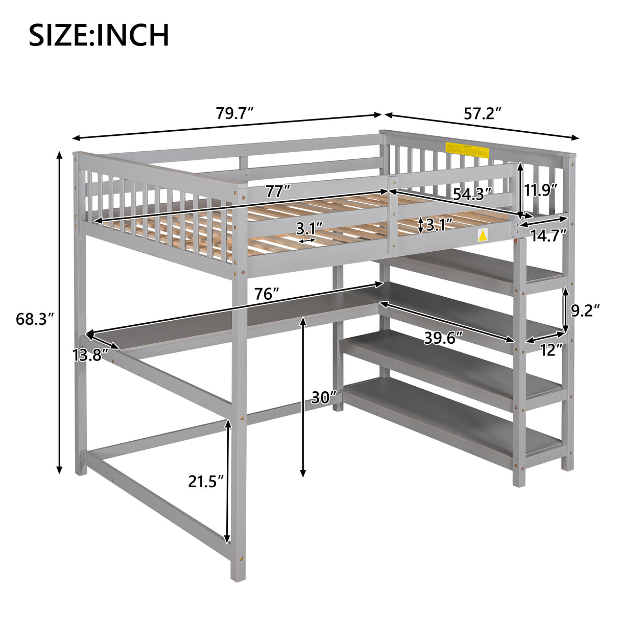 Full Size Loft Bed with Storage Shelves and Under-bed Desk, Gray(OLD SKU:SM000246AAE-1) - Home Elegance USA