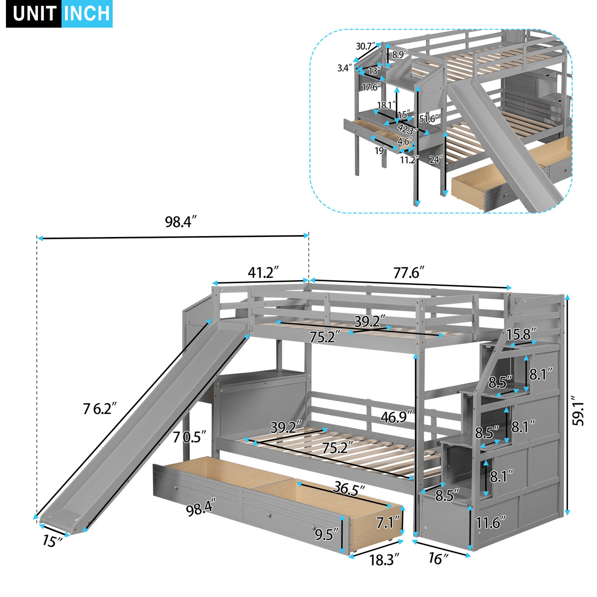 Twin over Twin Bunk Bed with Storage Staircase, Slide and Drawers, Desk with Drawers and Shelves, Gray - Home Elegance USA