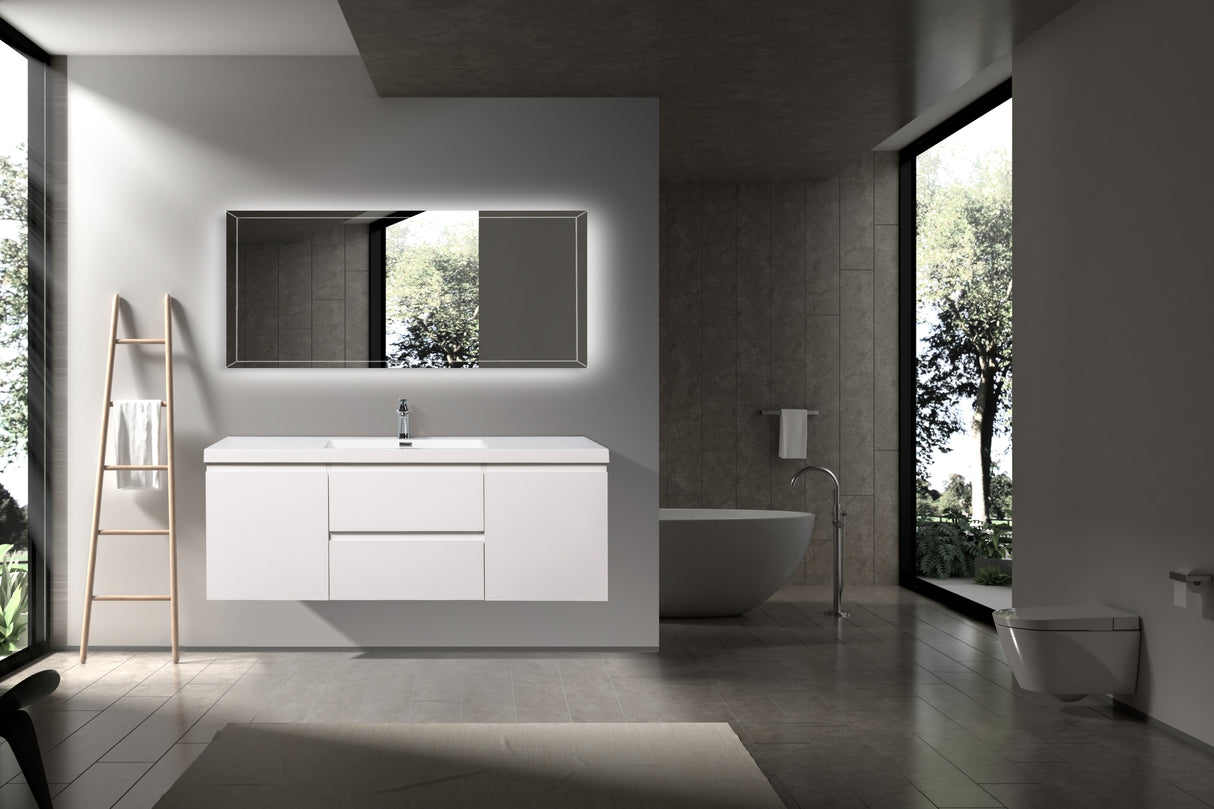 59'' Wall Mounted Double Bathroom Vanity in Gloss White With White Solid Surface Vanity Top