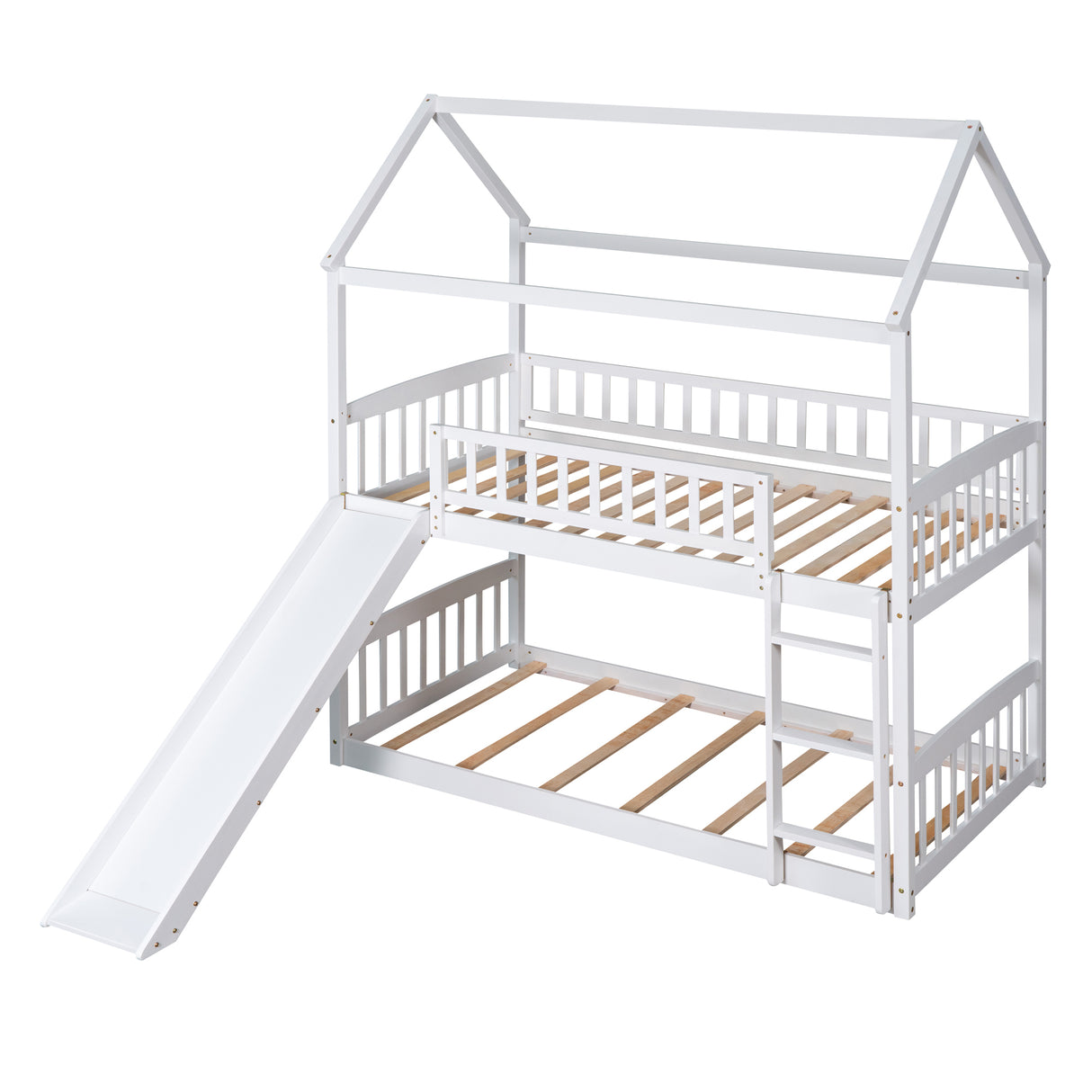 Twin Over Twin Bunk Bed with Slide, House Bed with Slide, White(OLD SKU: LT000213AAK) - Home Elegance USA