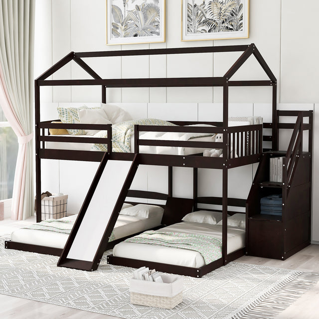 Full over Twin & Twin Bunk Bed,with Slide and Storage Staircase,Built-in Drawer and Shelf,Espresso - Home Elegance USA