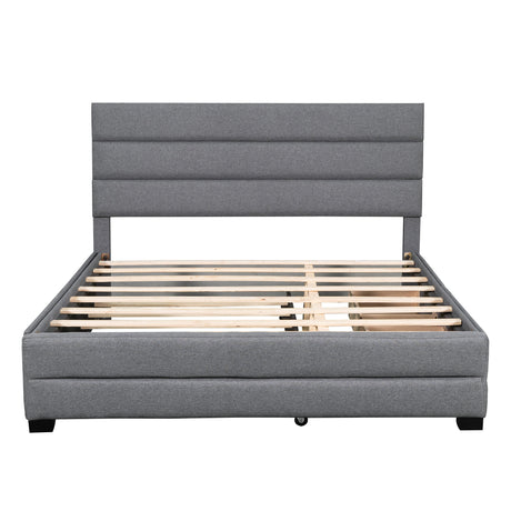 Queen Upholstered Platform Bed with Twin Size Trundle and Two Drawers,Grey - Home Elegance USA