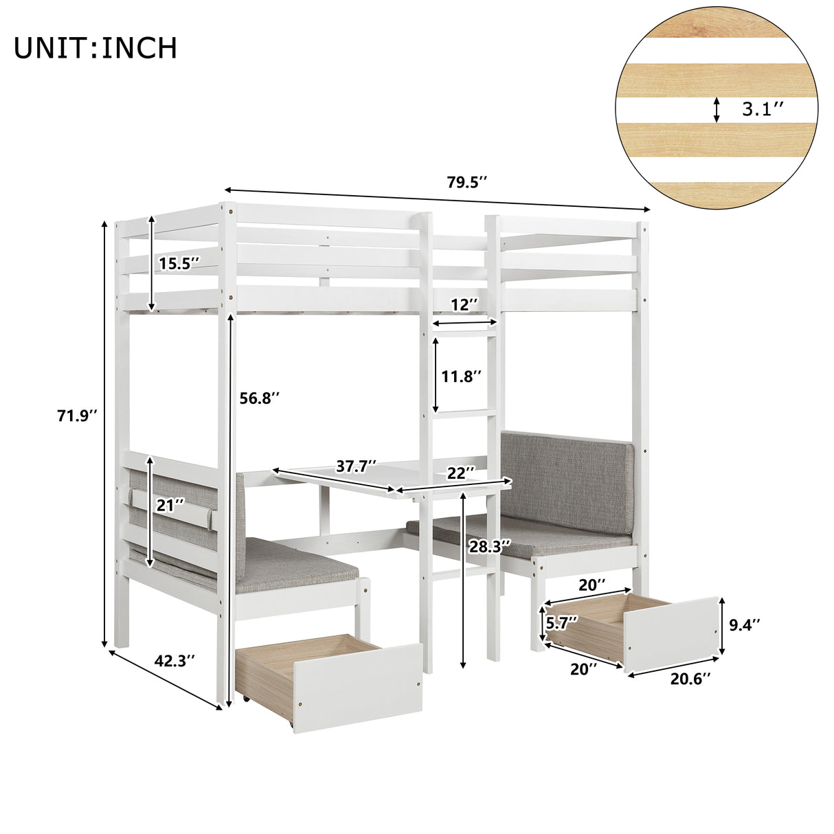 Functional Loft Bed (turn into upper bed and down desk，cushion sets are free),Twin Size,White - Home Elegance USA