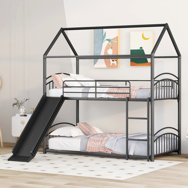 Twin Over Twin Metal Bunk Bed With Slide,Kids House Bed Black - Home Elegance USA