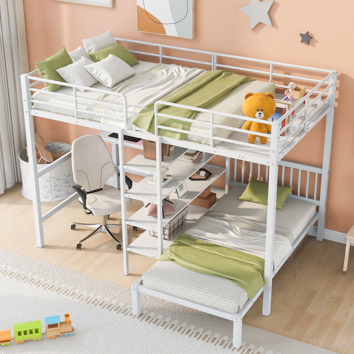 Full Over Twin Metal Bunk Bed with Built-in Desk, Shelves and Ladder, White