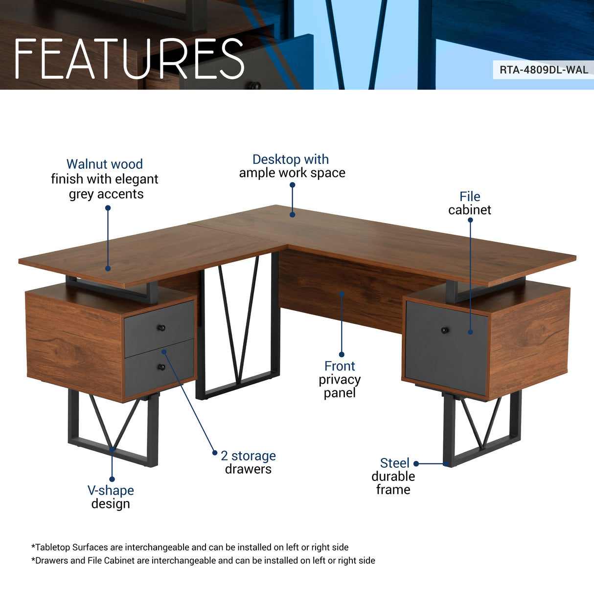 Techni Mobili Reversible L-Shape Computer Desk with Drawers and File Cabinet, Walnut - Home Elegance USA