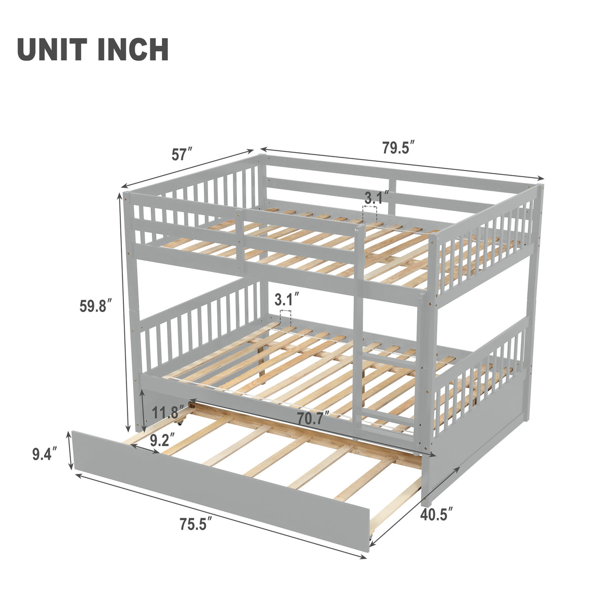 Full Over Full Bunk Bed with Trundle, Convertible to 2 Full Size Platform Bed, Full Size Bunk Bed with Ladder and Safety Rails for Kids, Teens, Adults,Grey (Old Sku:W504S00003) - Home Elegance USA