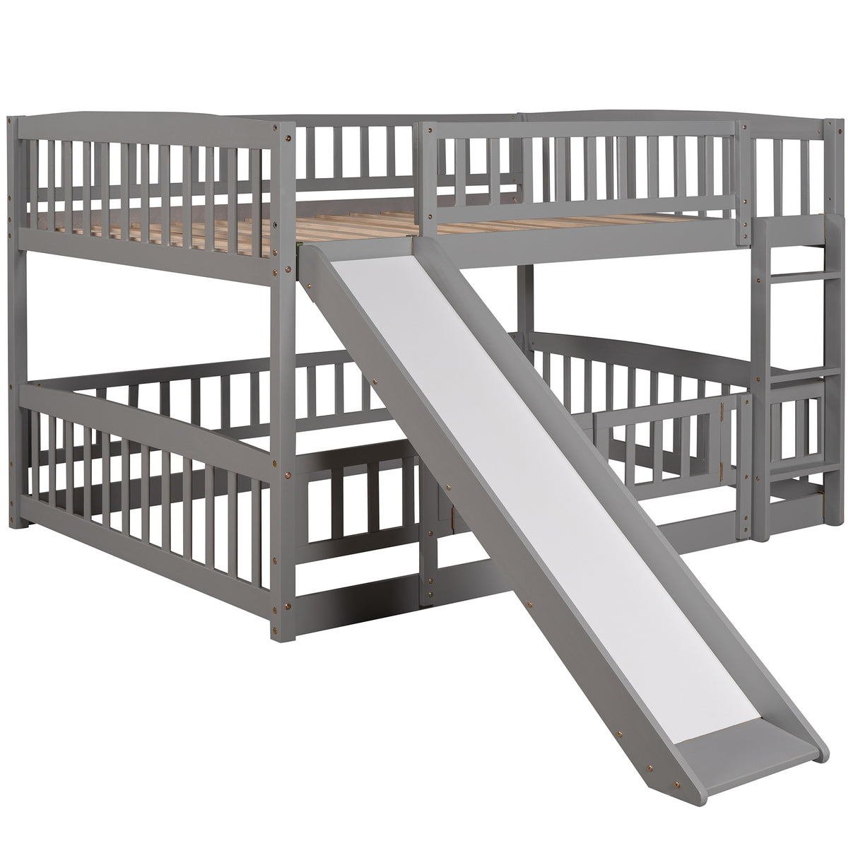 Bunk Bed with Slide,Full Over Full Low Bunk Bed with Fence and Ladder for Toddler Kids Teens Gray