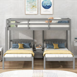 Twin over Twin & Twin Bunk Bed with Built-in Middle Drawer, Gray - Home Elegance USA
