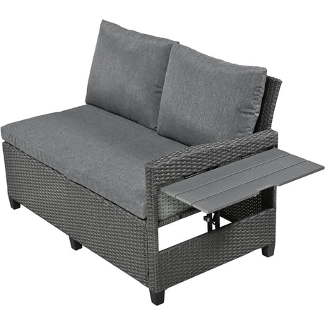 TOMAX 5-Piece Outdoor Patio Rattan Sofa Set, Sectional PE Wicker L-Shaped Garden Furniture Set with 2 Extendable Side Tables, Dining Table and Washable Covers for Backyard, Poolside, Indoor, Gray - Home Elegance USA