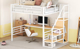 Full Size Metal Loft Bed with Desk, Storage Staircase and Small Wardrobe, Storage stairs can be installed left and right, White - Home Elegance USA