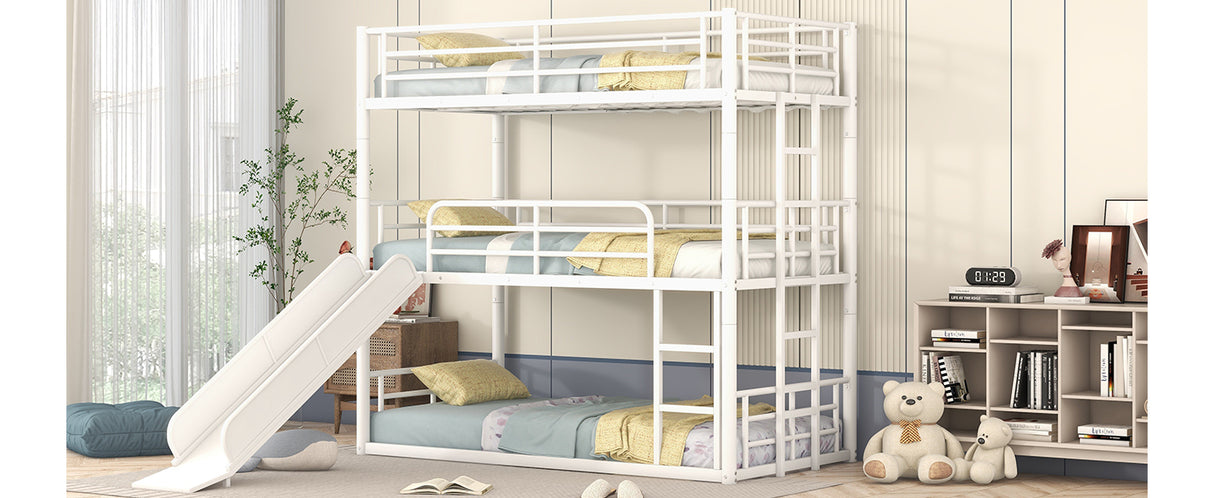 Twin Size Metal Bunk Bed with Ladders and Slide, Divided into Platform and Loft Bed, White - Home Elegance USA